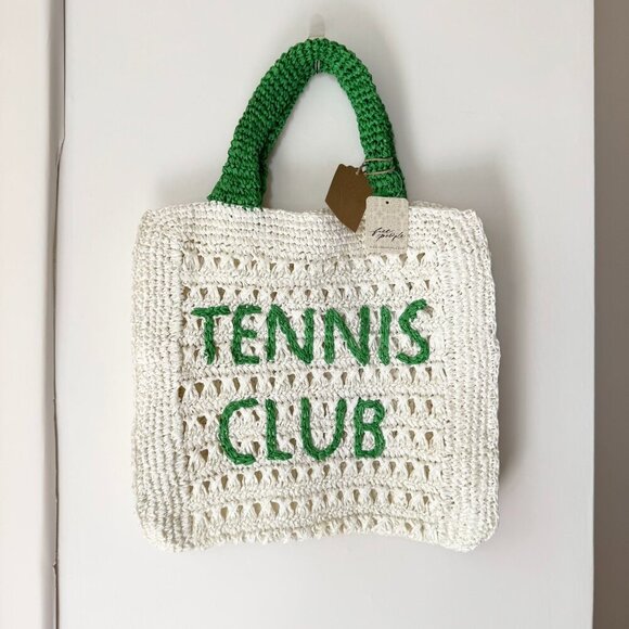 New Free People De Siena Tennis Club Raffia Tote Bag White Green - Picture 3 of 8